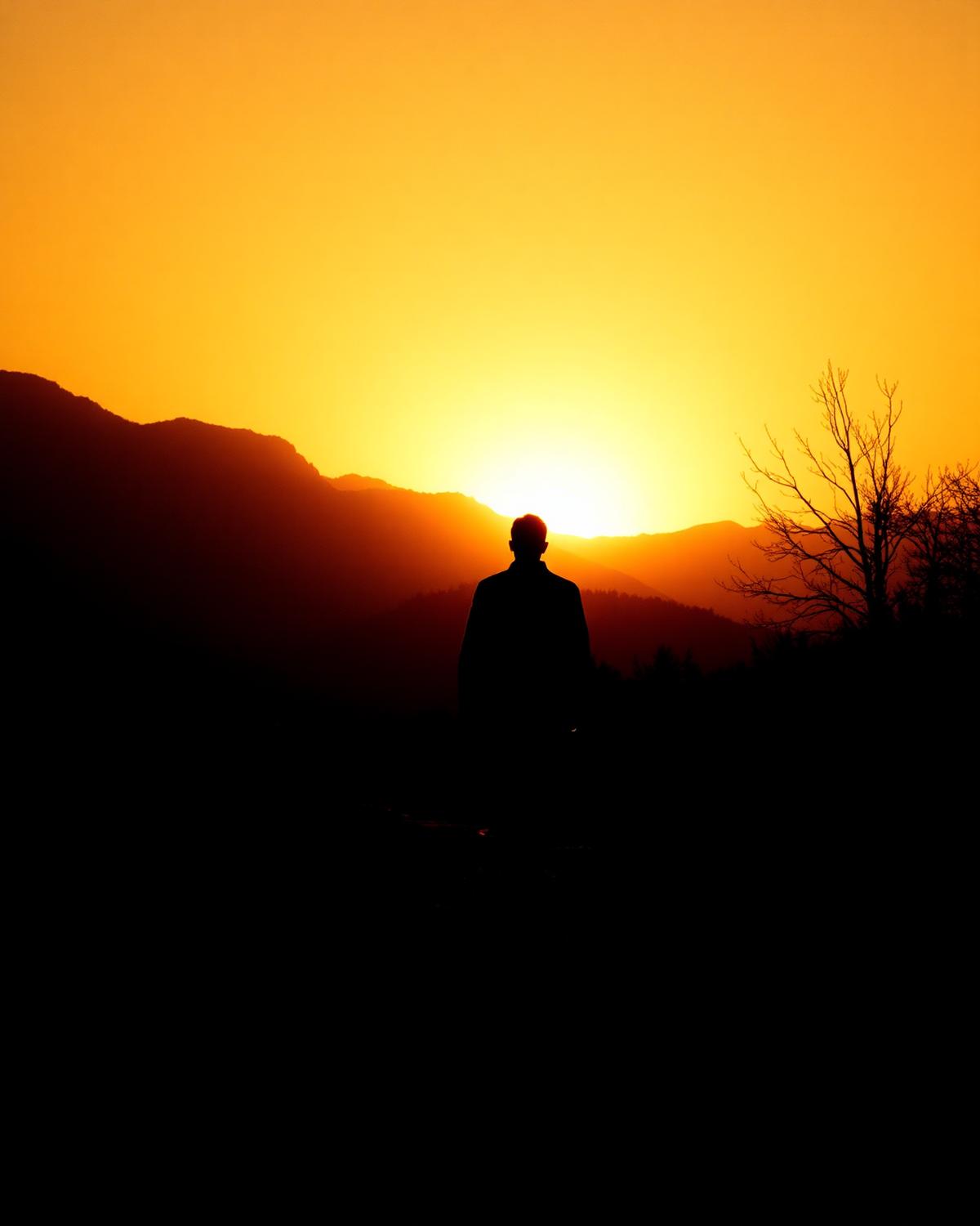 Silhouette walking toward mountains at golden hour